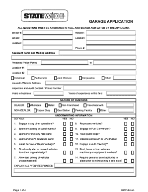 Garage Insurance Application Form