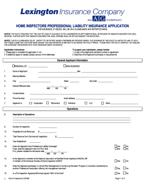 Home Inspectors Professional Liability Insurance Application