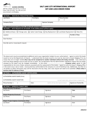 Salt Lake City Airport Key and Lock Order Form