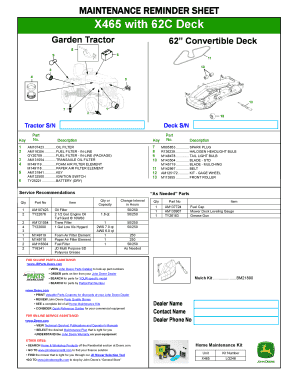 Maintenance Reminder Sheet for X465 Garden Tractor