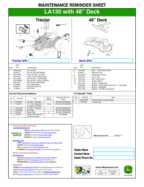 John Deere LA130 Maintenance Reminder Sheet
