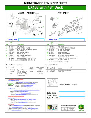 Lawn Tractor Maintenance Reminder Sheet