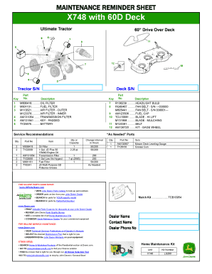 Maintenance Reminder Sheet for X748 Tractor