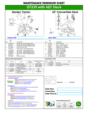 Garden Tractor Maintenance Reminder Sheet