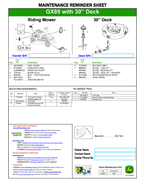 John Deere GX85 Maintenance Reminder Sheet