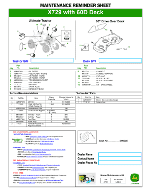 Maintenance Reminder Sheet for X729 Tractor