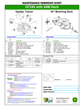 Maintenance Reminder Sheet for GT242 Garden Tractor
