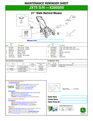 Maintenance Reminder Sheet for JX75 Walk Behind Mower