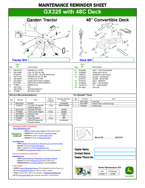 Maintenance Reminder Sheet for GX325 Garden Tractor