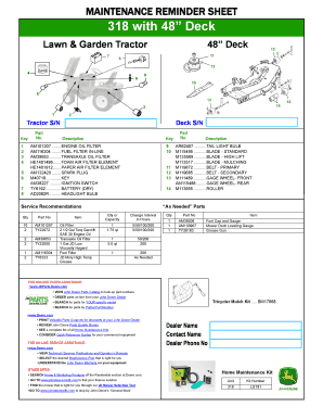 John Deere Lawn Tractor Maintenance Reminder Sheet