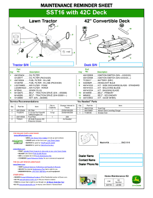 Lawn Tractor Maintenance Reminder Sheet
