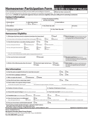 Homeowner Participation Form for Ductless Heat Pump Project