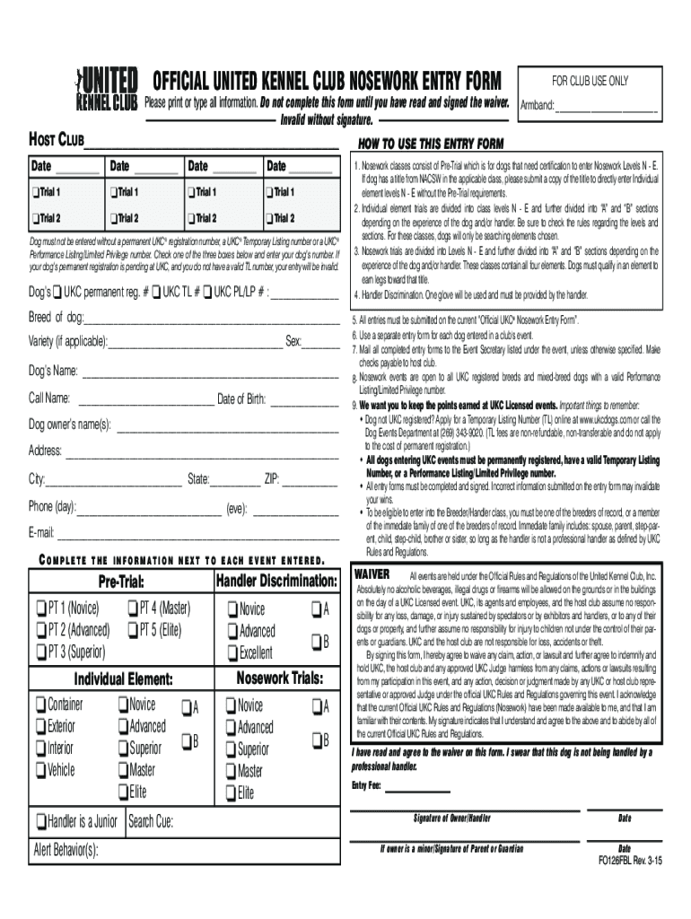 OFFICIAL UNITED KENNEL CLUB NOSEWORK ENTRY FORM - ukcdogscom Preview on Page 1