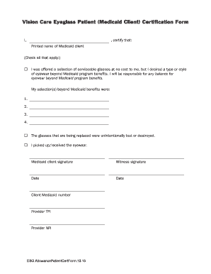 Vision Care Eyeglass Patient Certification Form