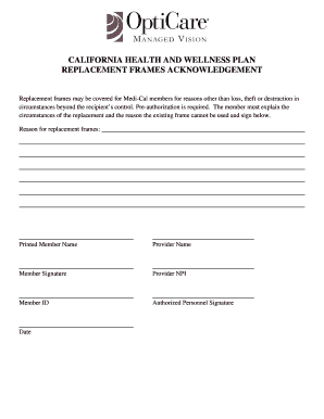California Health and Wellness Plan Replacement Frames Acknowledgement
