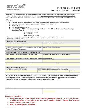 Member Claim Form for Out of Network Services