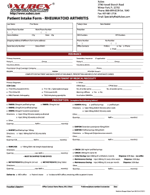 Patient Intake Form - Rheumatoid Arthritis