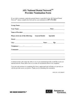 AIG National Dental Network Provider Nomination Form