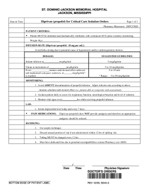 Diprivan Propofol Sedation Order Form
