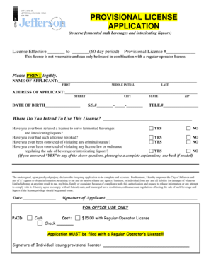 Provisional License Application for Fermented Malt Beverages and Liquors