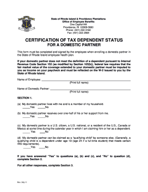 Rhode Island Domestic Partner Tax Dependent Certification