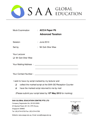 ACCA Paper P6 Advanced Taxation Exam Form