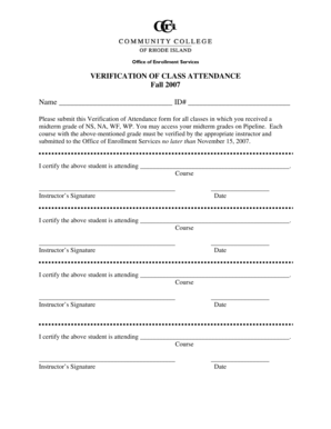 VERIFICATION OF CLASS ATTENDANCE Fall b2007b Name ID - ccri