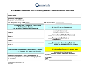 Perkins Statewide Articulation Agreement Documentation Coversheet