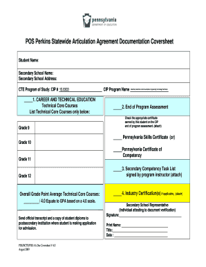 Perkins Statewide Articulation Agreement Documentation Coversheet