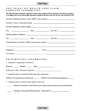 ANSI 4010A1 Health Care Claim Enrollment Form