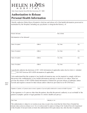 Helen Hayes Hospital Authorization to Release Personal Health Information