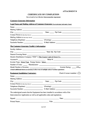 Certificate of Completion for Interconnection Agreement