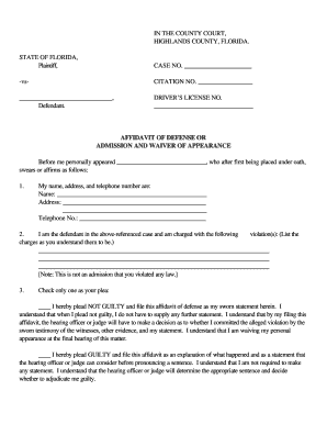 Florida Affidavit of Defense or Admission and Waiver of Appearance