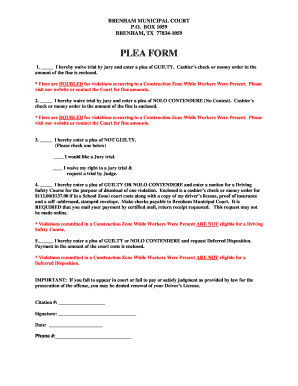 Brenham Municipal Court Plea Form
