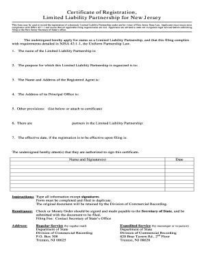 New Jersey Limited Liability Partnership Registration Certificate