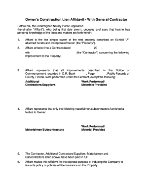 Owner's Construction Lien Affidavit