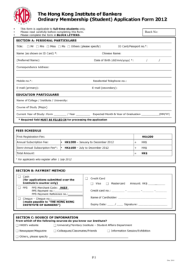 Hong Kong Institute of Bankers Student Membership Application
