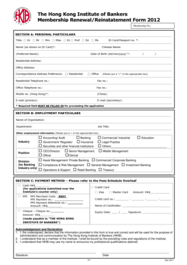 Hong Kong Institute of Bankers Membership Renewal Form 2012