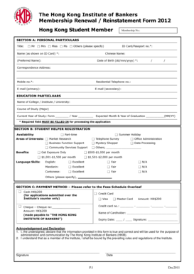 Hong Kong Institute of Bankers Membership Renewal Form