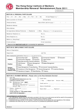 Hong Kong Institute of Bankers Membership Renewal Form