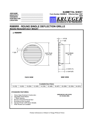 Submittal Sheet for Round Single Deflection Grille