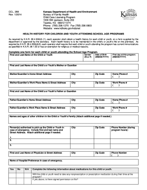 Kansas Child Care Health History Form