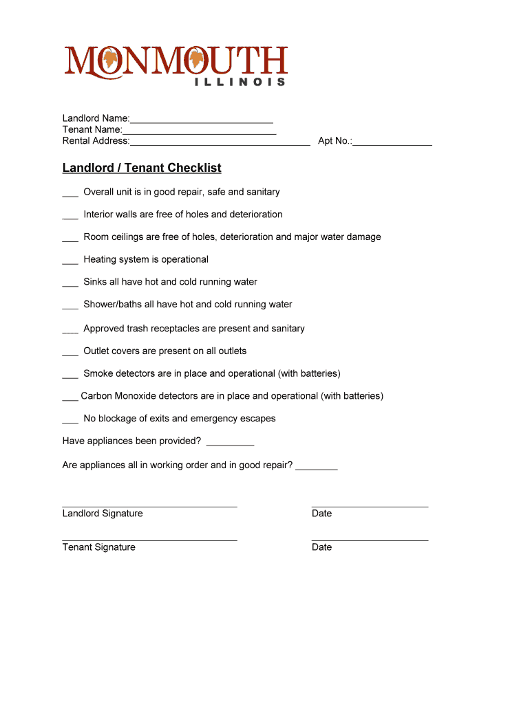 Fillable Online Landlord Tenant Checklist City of Monmouth Fax Email