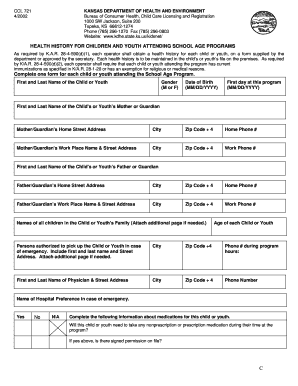 Kansas School Age Program Health History Form