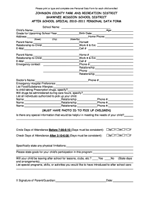 After School Special Personal Data Form