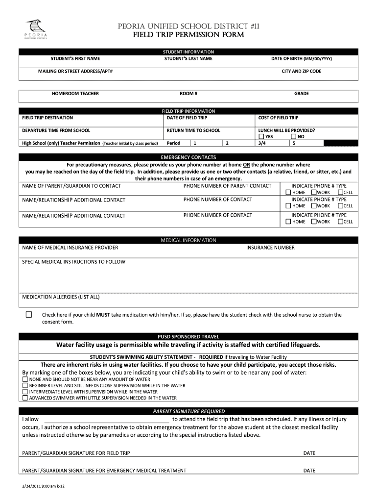 Peoria Unified School District 11 FIELD TRIP PERMISSION bFORMb bb Preview on Page 1.