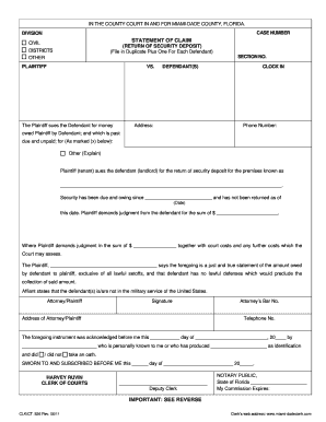 Civil Statement of Claim for Return of Security Deposit