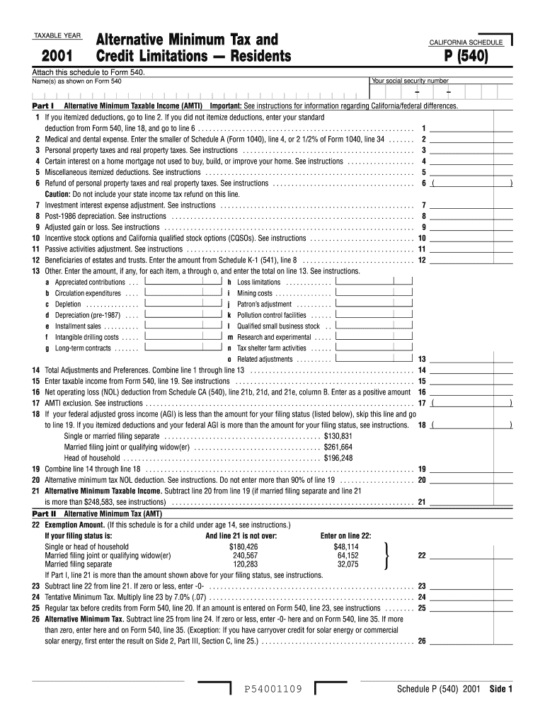 Fillable Online Schedule P 540 2001 Alternative Minimum Tax And fillable-online-schedule-p-540-2001-alternative-minimum-tax-and