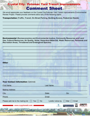 Crystal City/Potomac Yard Transit Improvements Comment Sheet