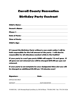 Carroll County Birthday Party Contract